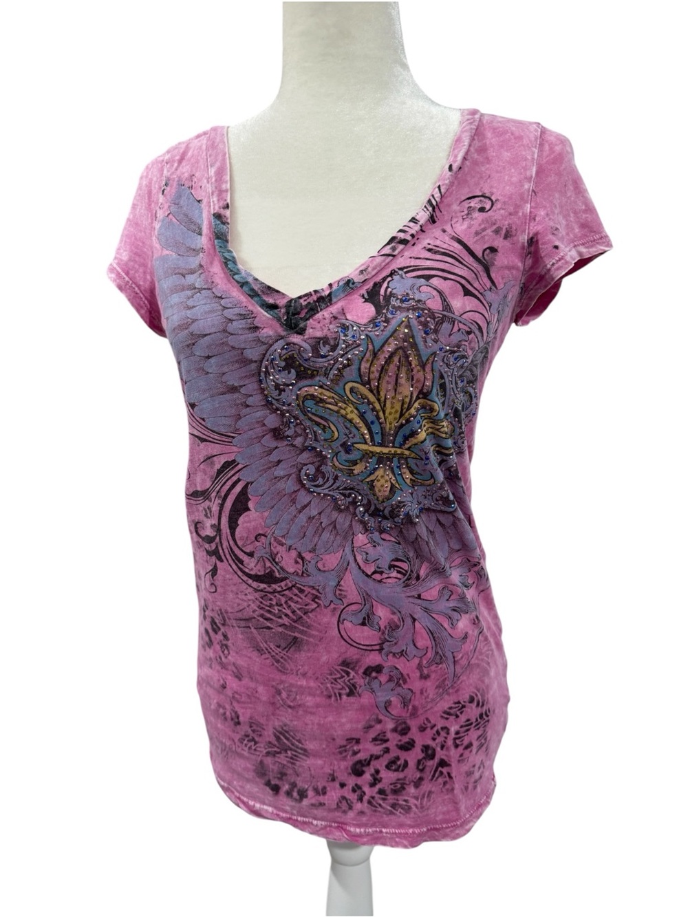 Y2K Bling Style MISS EDGE Pink V Neck T-Shirt Tee Angel Wings Leopard Print
